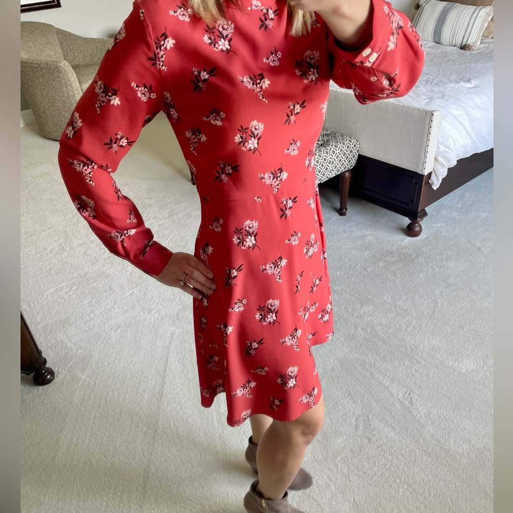 LOFT Floral Long Sleeve Dress | 0 Petite | Pink/Salmon/Coral Color